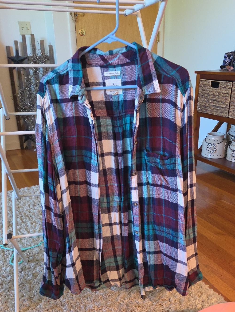 American Eagle Outfitters Plaid Button-Down Shirt - Teal, Burgundy & White